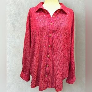 Women's Hot Pink Sequin Button-Up Top LG